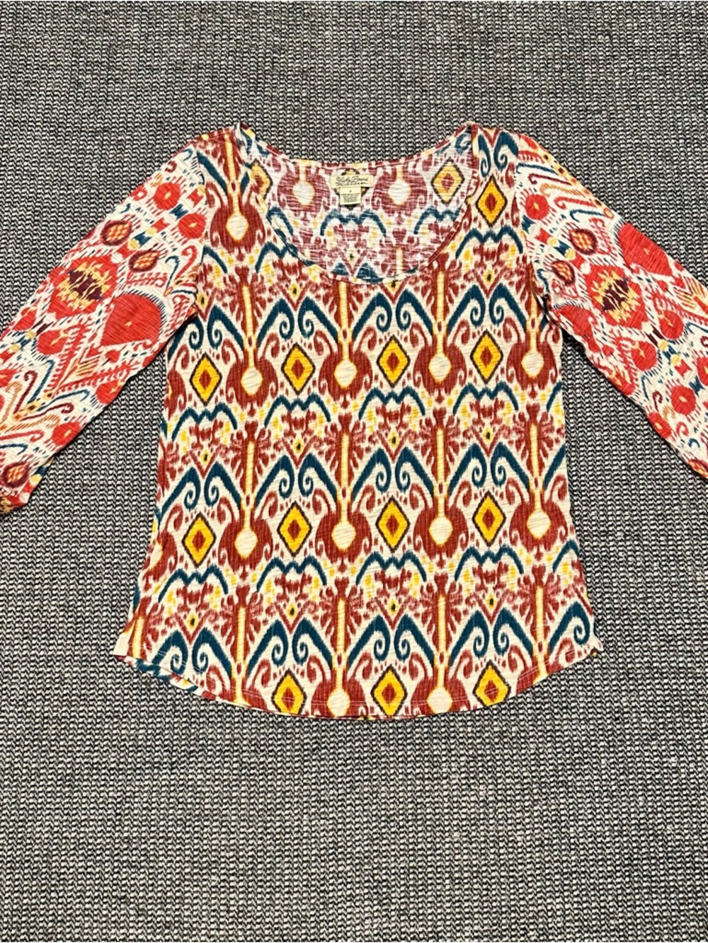 Lucky Brand Multicolor Ikat Print Blouse - Red, Blue, Yellow, Cream